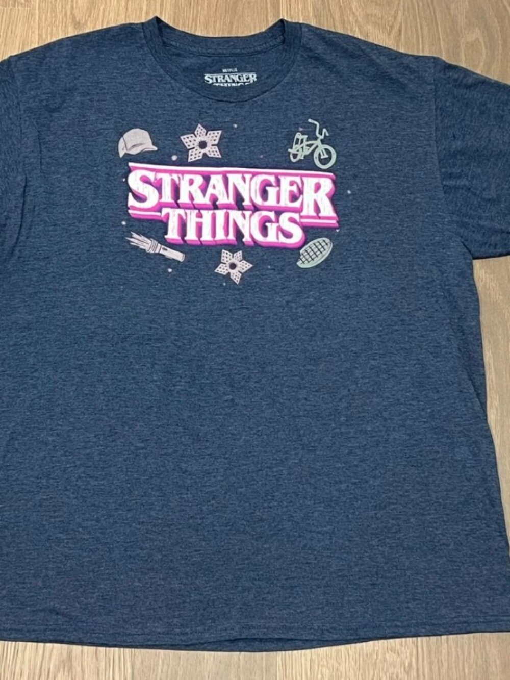 XL Mens Netflix STRANGER THINGS Blue Graphic Tee Shirt Top Bike Waffle Short Slv